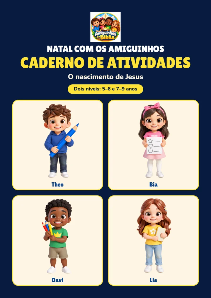 Capa do caderno de atividades com Theo, Bia, Davi e Lia
