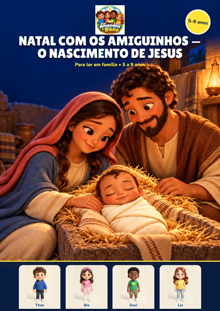 Capa do livrinho Natal com os Amiguinhos: Maria, José e Jesus na manjedoura